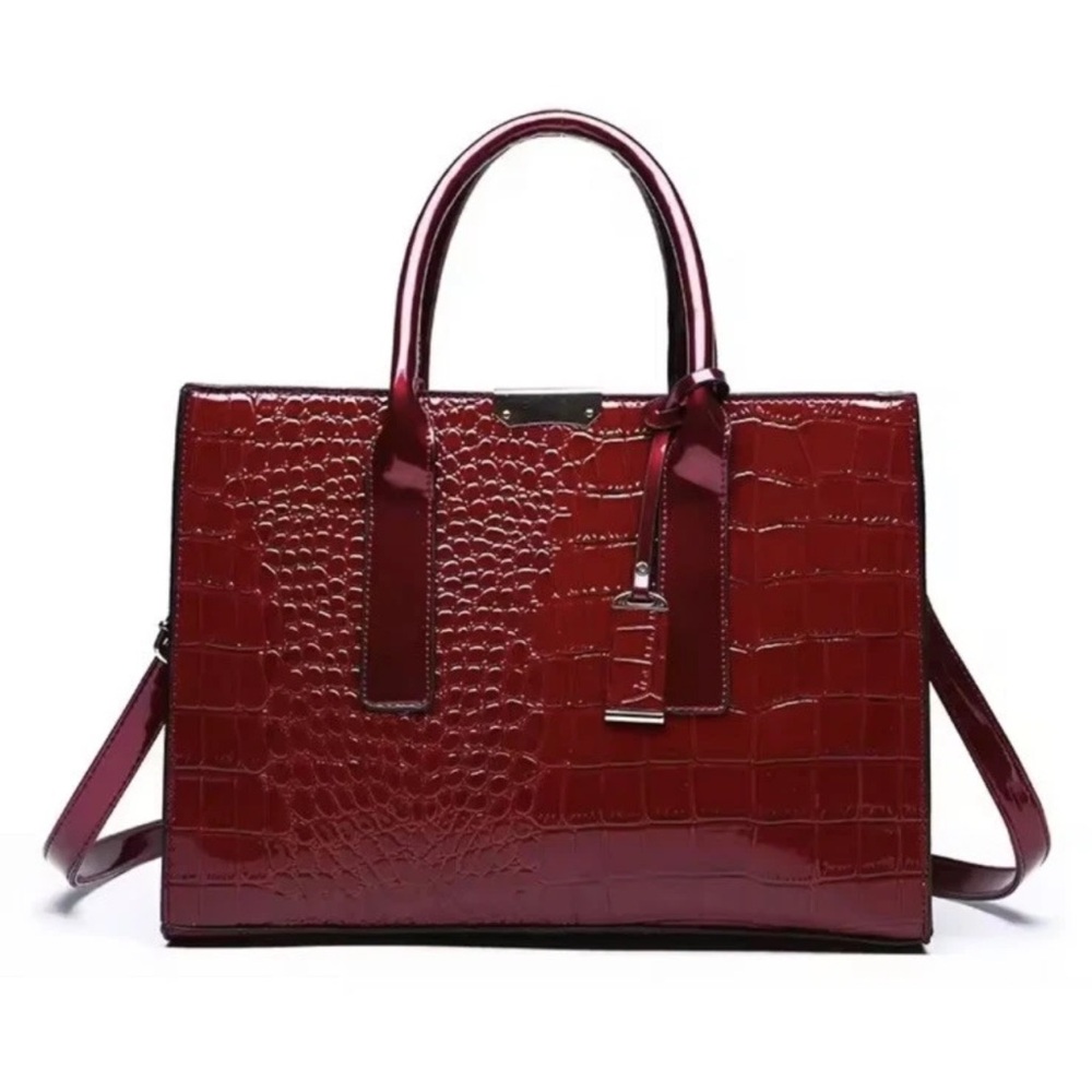 Elegant Red Crocodile-Embossed Handbag faux leather polyurethane